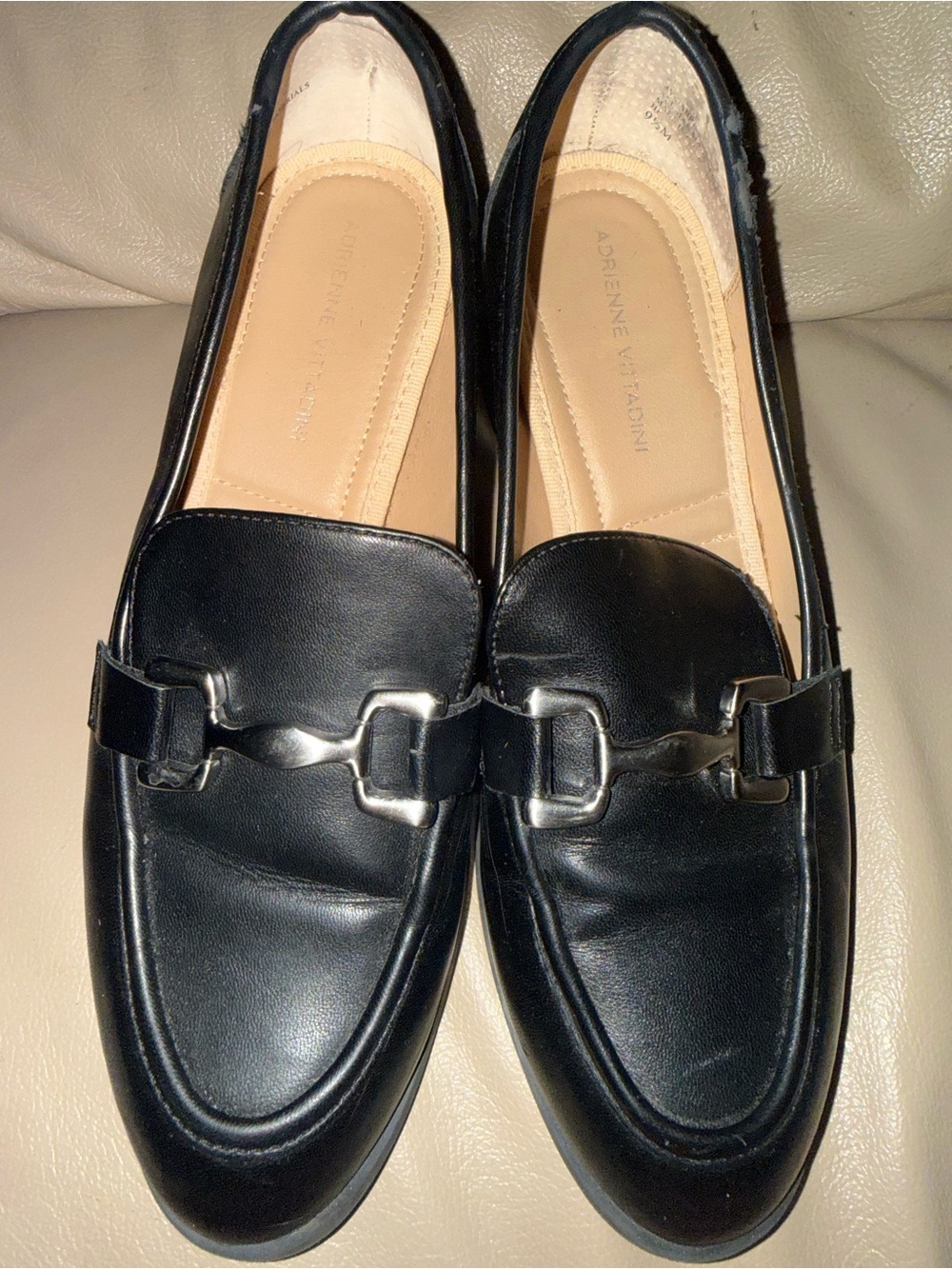 Adrienne Vittadini Black Leather Bit Loafers with Silver Hardware